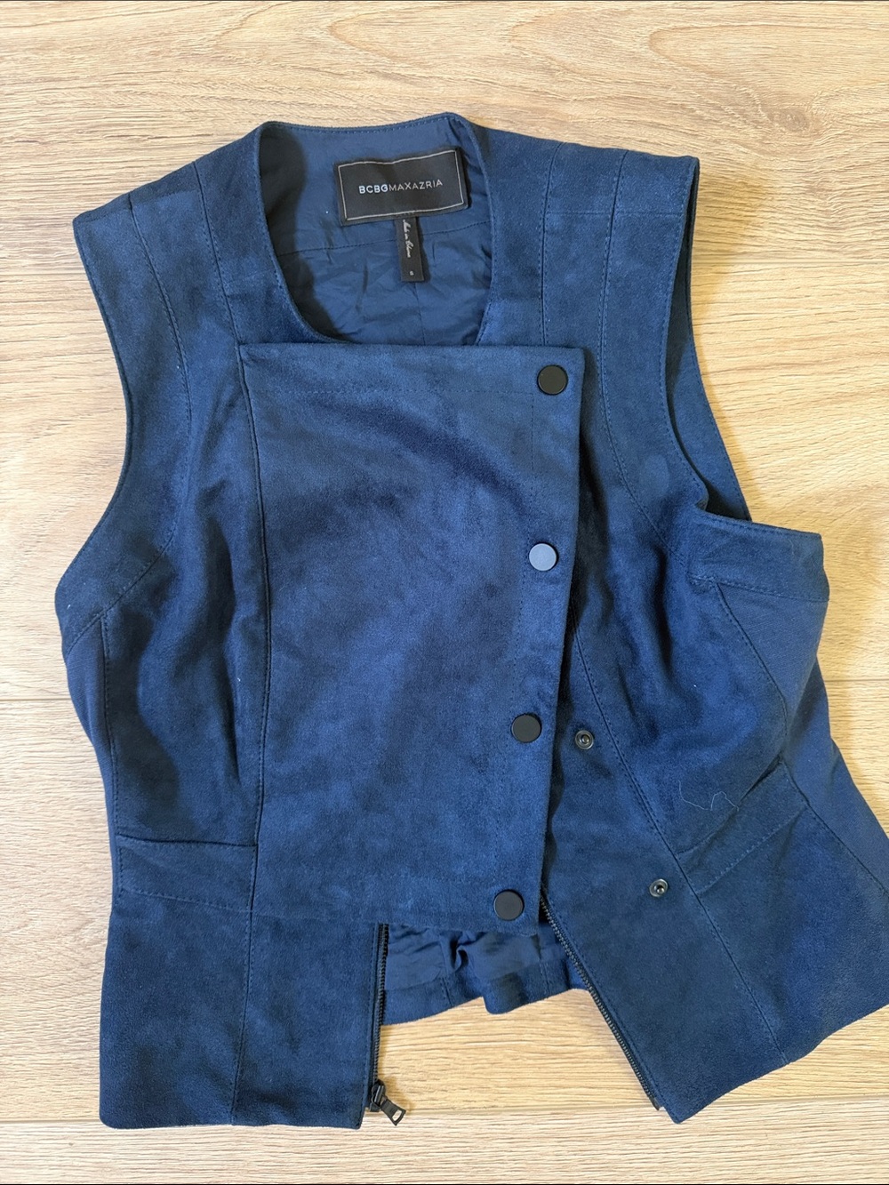 BCBGMaxAzria Navy Blue Asymmetric Snap-Front Suede Vest
